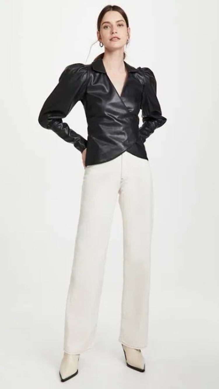AJE Idyllic Black Faux Leather Wrap Top Long Sleeve US 8 AU 12